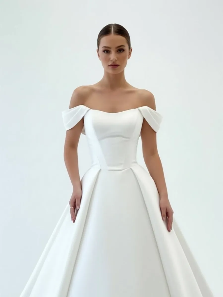 Elegant A-Line Off the Shoulder White Satin Wedding Dresses sold by KissProm product image thumbnail 4