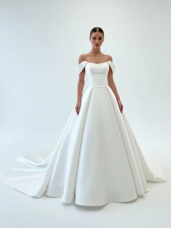 Elegant A-Line Off the Shoulder White Satin Wedding Dresses made by KissProm