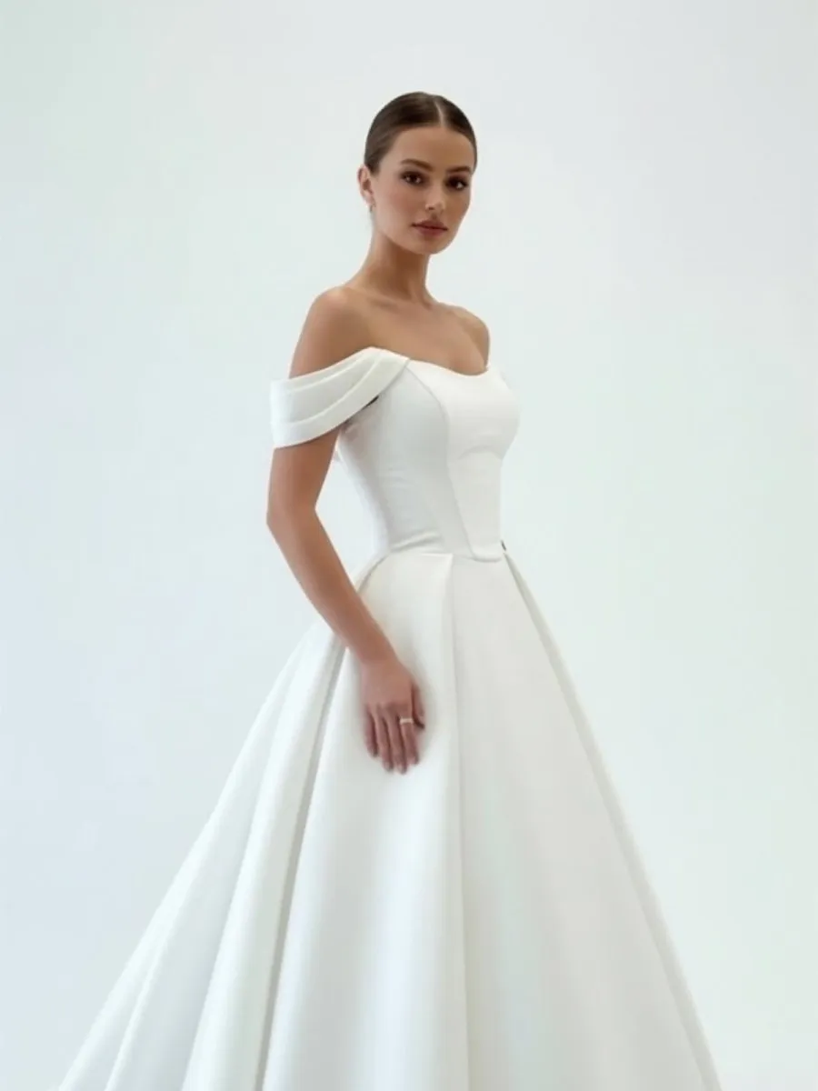 Elegant A-Line Off the Shoulder White Satin Wedding Dresses sold by KissProm product image thumbnail 5
