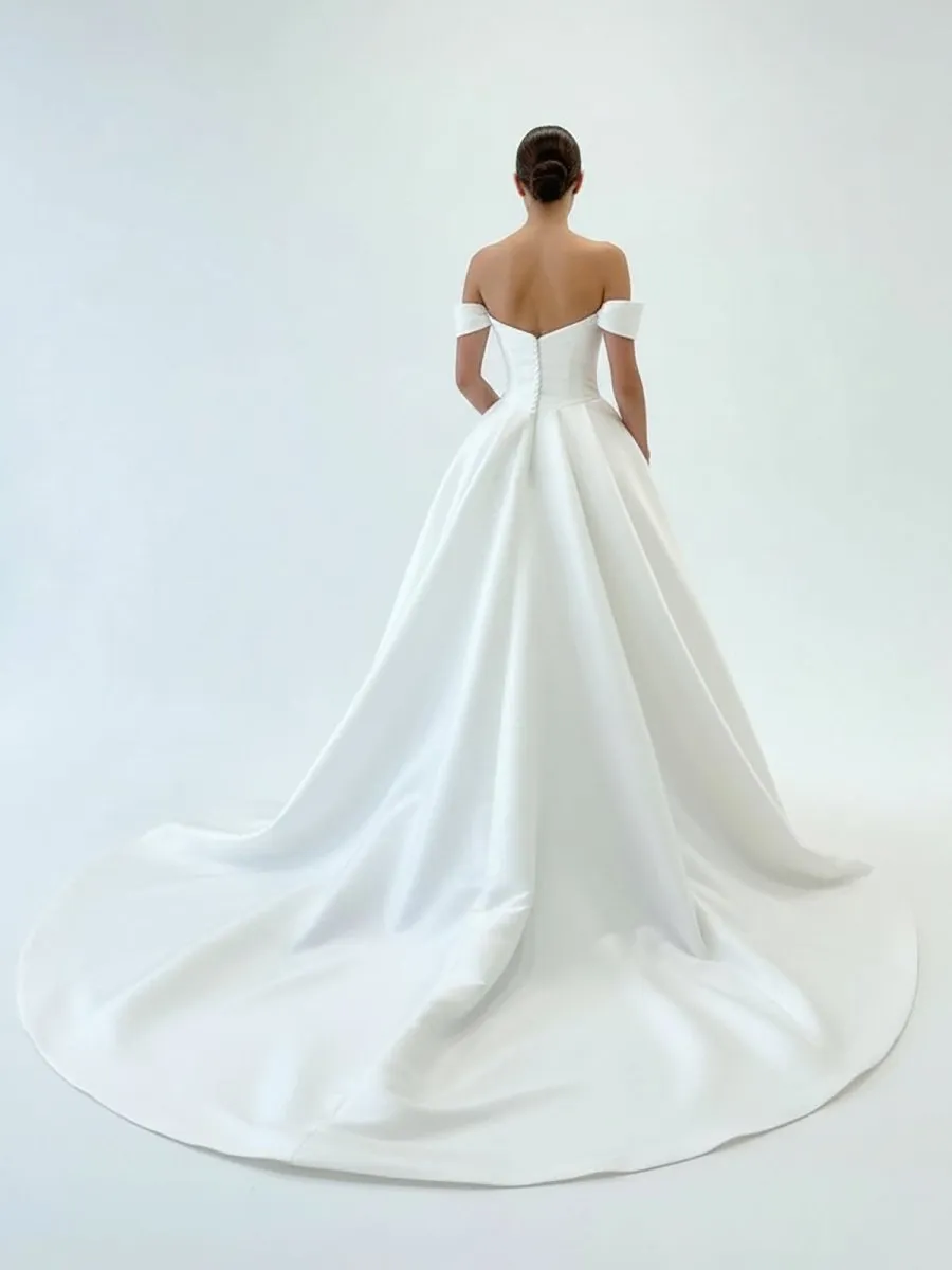 Elegant A-Line Off the Shoulder White Satin Wedding Dresses sold by KissProm product image thumbnail 2