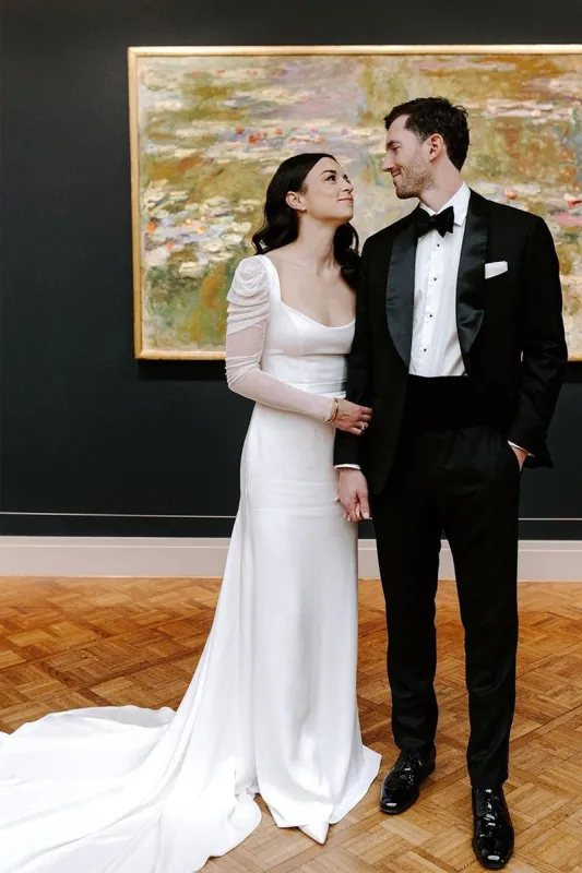 Mermaid Square Neck Long Sleeves White Satin Wedding Dresses made by KissProm