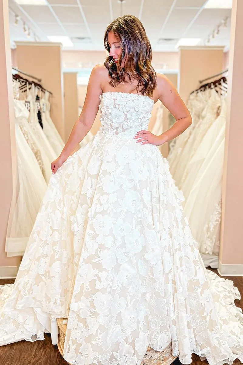 A-Line Strapless Floral Lace Wedding Dresses sold by KissProm product image thumbnail 4