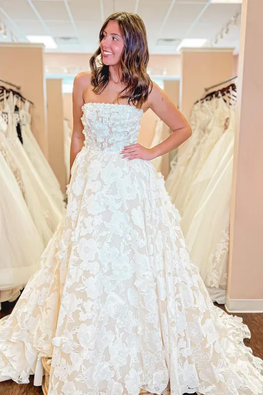A-Line Strapless Floral Lace Wedding Dresses made by KissProm