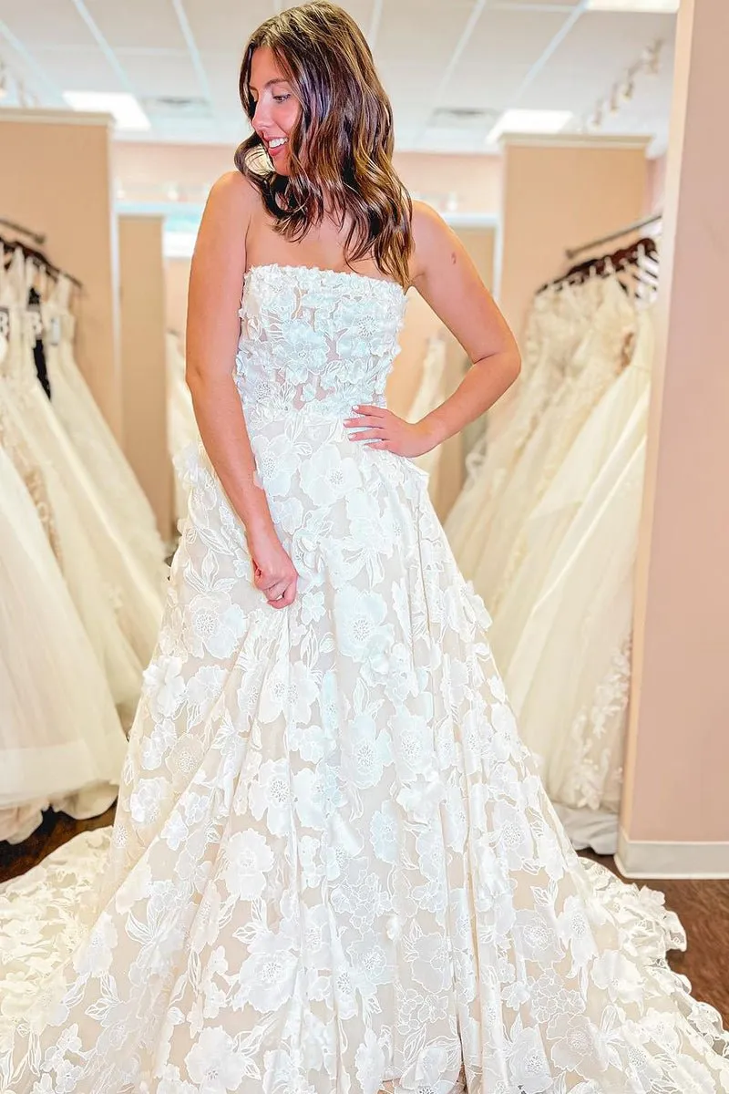 A-Line Strapless Floral Lace Wedding Dresses sold by KissProm product image thumbnail 3
