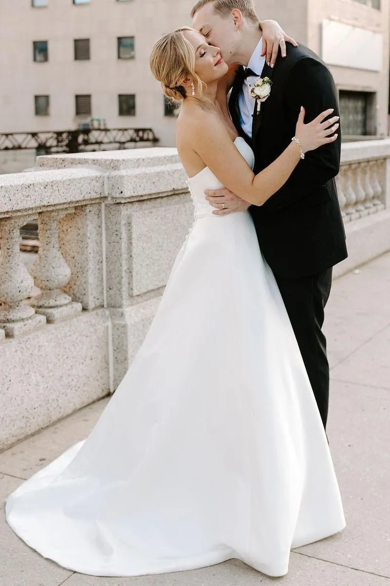 A-Line Sweetheart White Satin Wedding Dresses sold by KissProm product image thumbnail 2