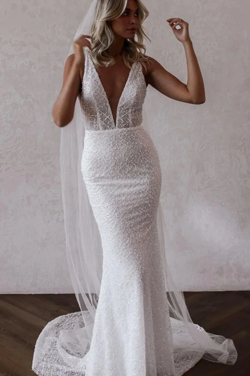 Sparkly Mermaid V Neck Sequins Lace Long Wedding Dresses sold by KissProm