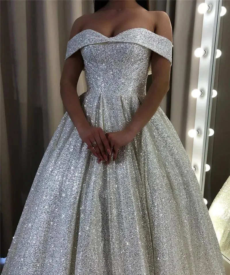 Shiny Silver Sequin A-Line Wedding Dresses Off the Shoulder sold by KissProm product image thumbnail 4