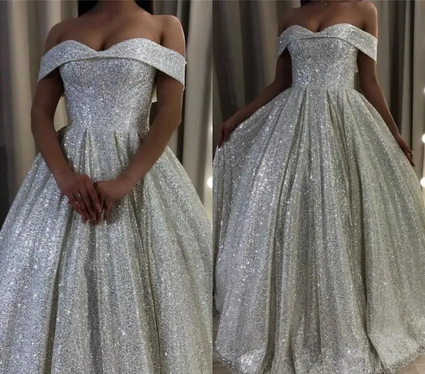 Shiny Silver Sequin A-Line Wedding Dresses Off the Shoulder sold by KissProm product image thumbnail 2
