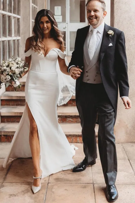 Mermaid Satin Wedding Dresses Off the Shoulder with Slit made by KissProm