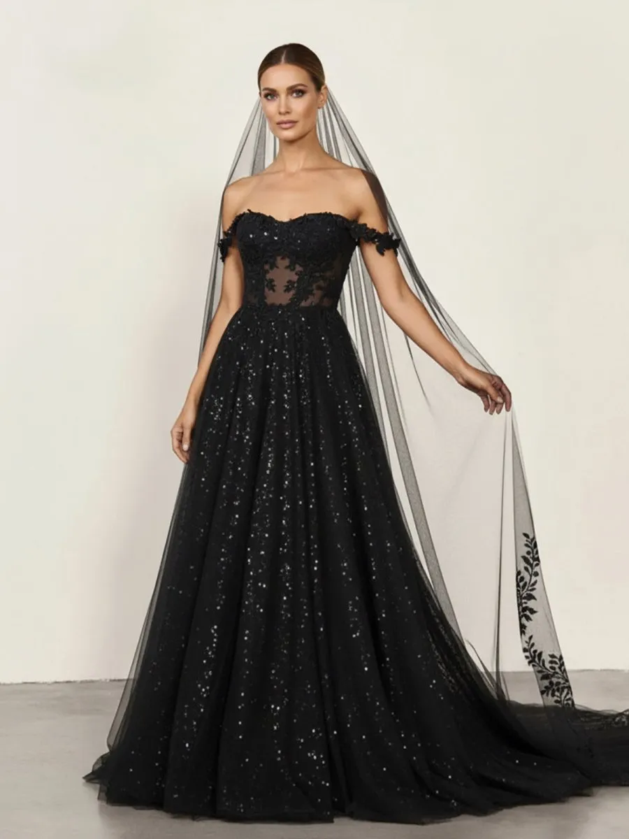 A-Line Black Gothic Wedding Dresses with Sequin Lace Appliques sold by KissProm product image thumbnail 5