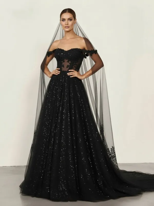 A-Line Black Gothic Wedding Dresses with Sequin Lace Appliques made by KissProm