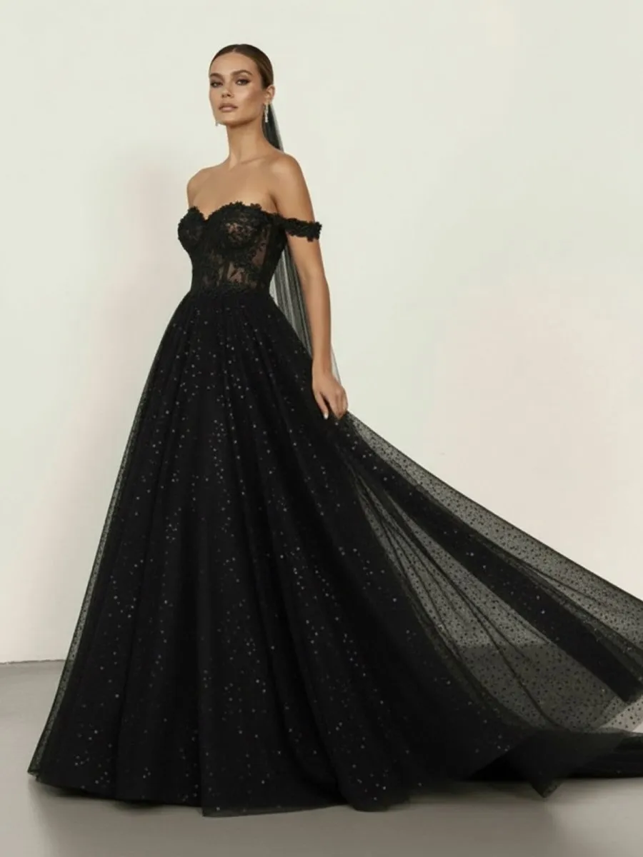 A-Line Black Gothic Wedding Dresses with Sequin Lace Appliques sold by KissProm product image thumbnail 4