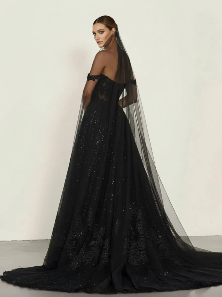A-Line Black Gothic Wedding Dresses with Sequin Lace Appliques sold by KissProm product image thumbnail 2