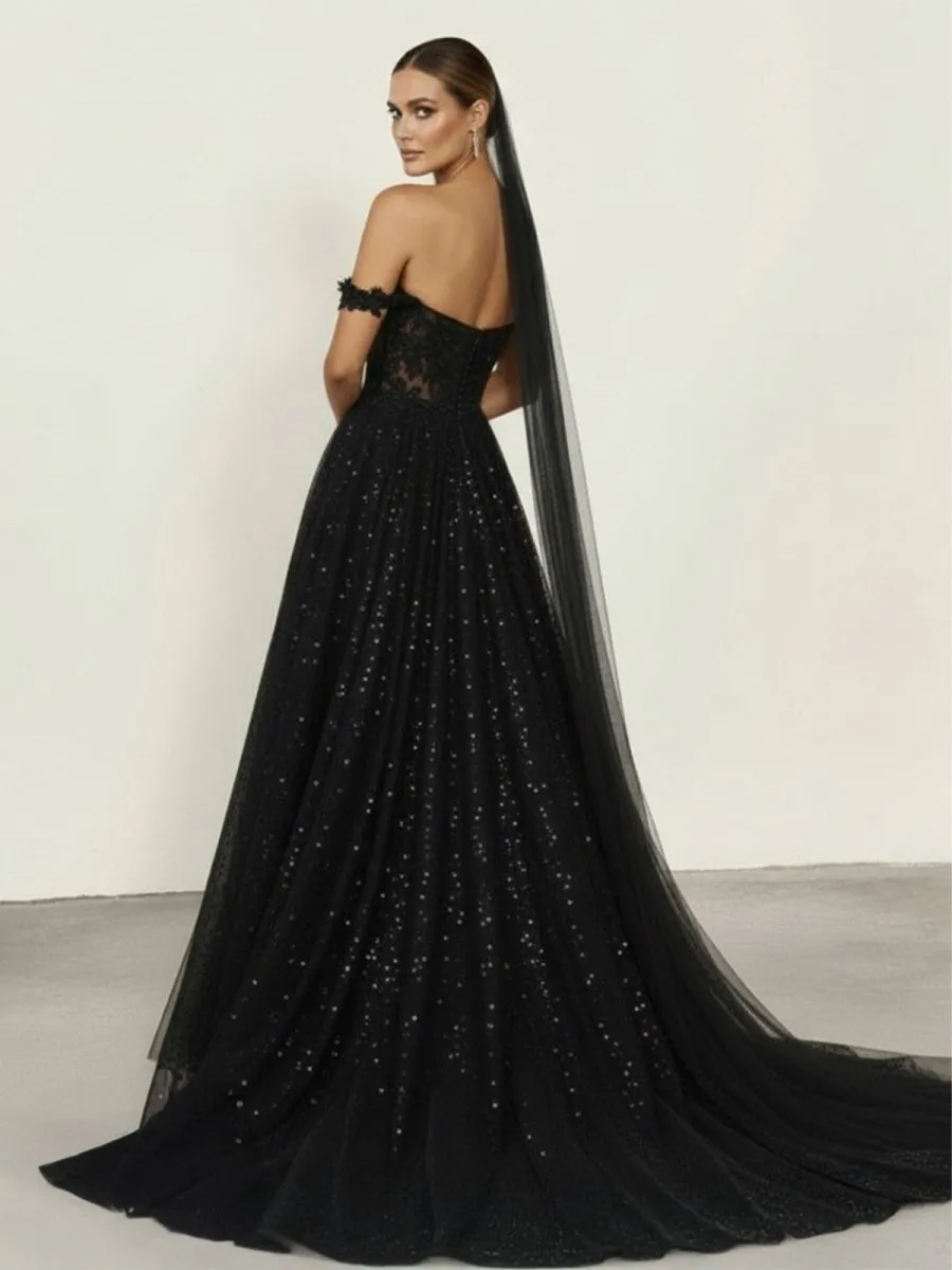 A-Line Black Gothic Wedding Dresses with Sequin Lace Appliques sold by KissProm product image thumbnail 3