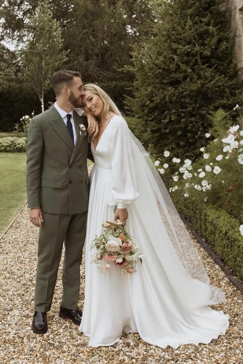 A-Line Long Sleeves Satin Wedding Dresses with V Neck sold by KissProm product image thumbnail 3