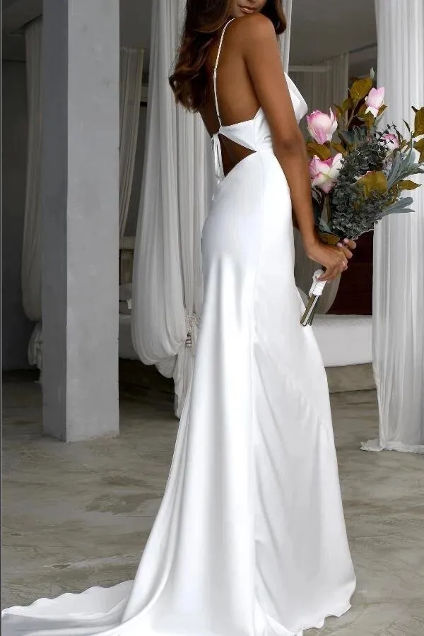 Mermaid Satin White Sweep Train Spaghetti Straps Wedding Dress sold by KissProm product image thumbnail 4