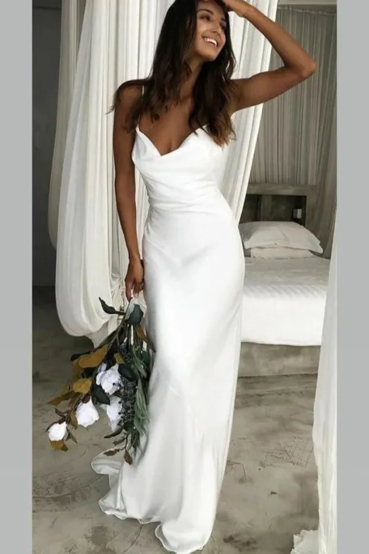 Mermaid Satin White Sweep Train Spaghetti Straps Wedding Dress made by KissProm