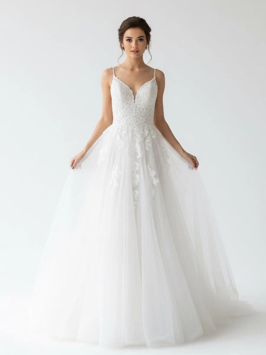 Spaghetti Straps White A Line Tulle Wedding Dresses with Lace Appliques sold by KissProm