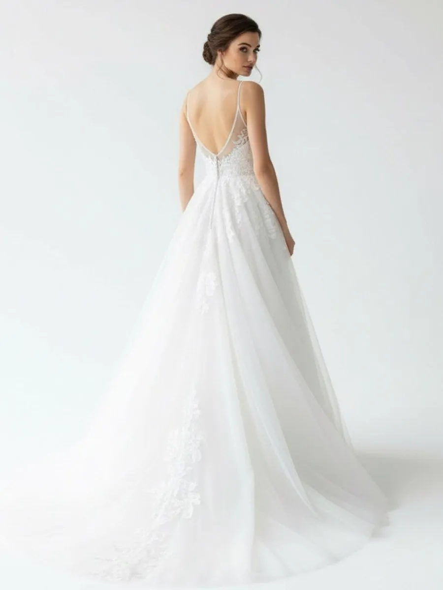 Spaghetti Straps White A Line Tulle Wedding Dresses with Lace Appliques sold by KissProm product image thumbnail 3