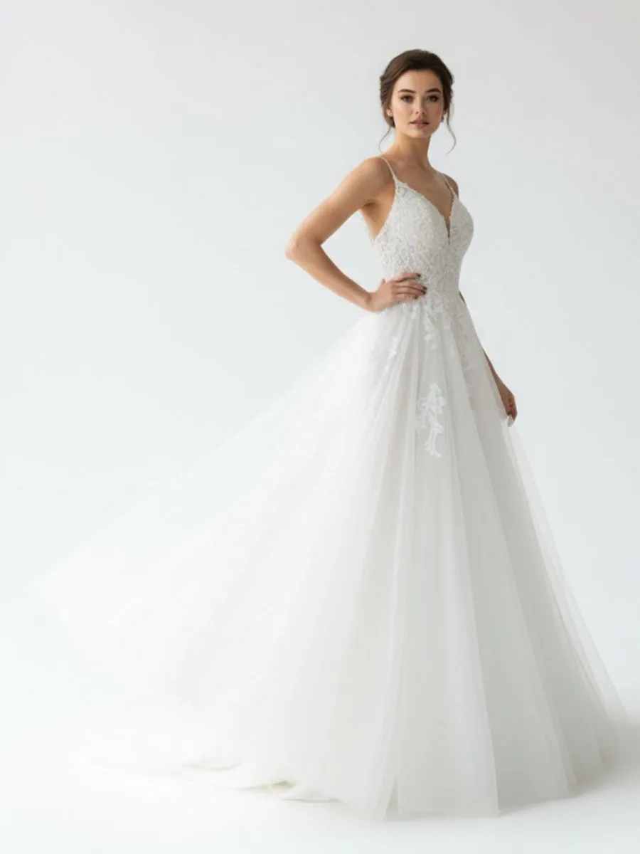 Spaghetti Straps White A Line Tulle Wedding Dresses with Lace Appliques sold by KissProm product image thumbnail 5