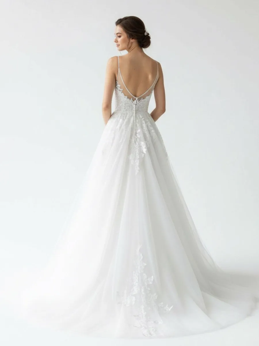 Spaghetti Straps White A Line Tulle Wedding Dresses with Lace Appliques sold by KissProm product image thumbnail 2