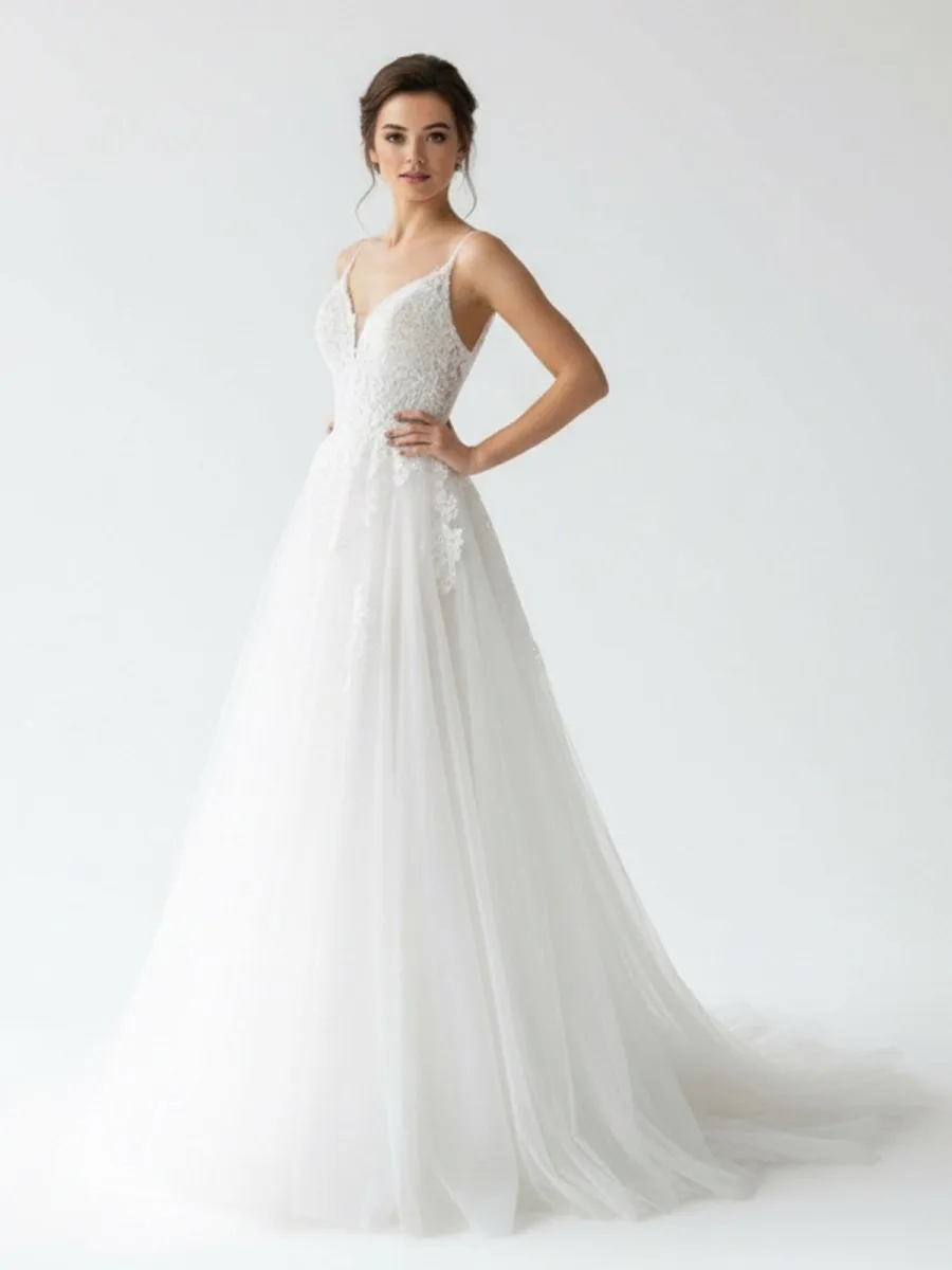 Spaghetti Straps White A Line Tulle Wedding Dresses with Lace Appliques sold by KissProm product image thumbnail 4