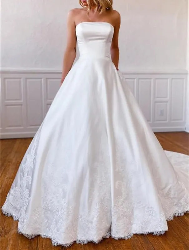 A-Line Strapless Satin Sweep Train Lace Appliques Wedding Dresses With Pockets made by KissProm