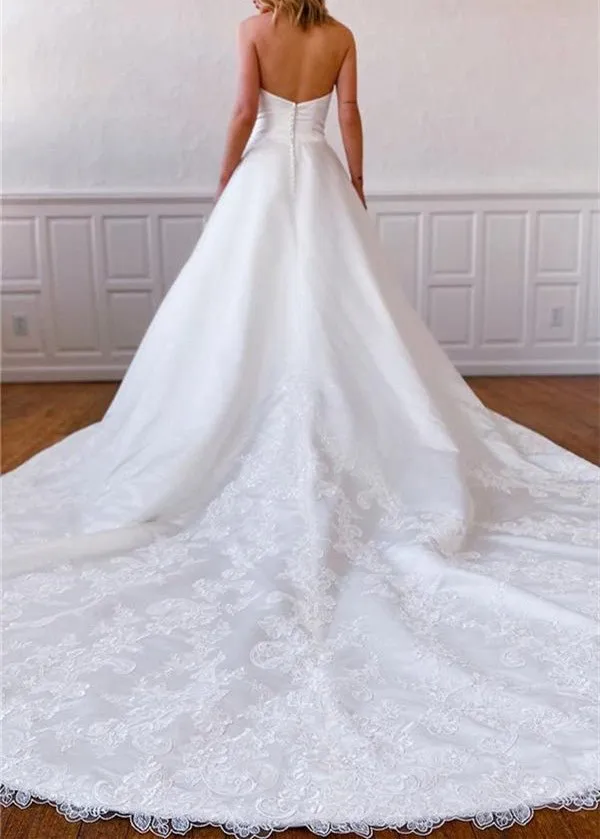 A-Line Strapless Satin Sweep Train Lace Appliques Wedding Dresses With Pockets sold by KissProm product image thumbnail 2