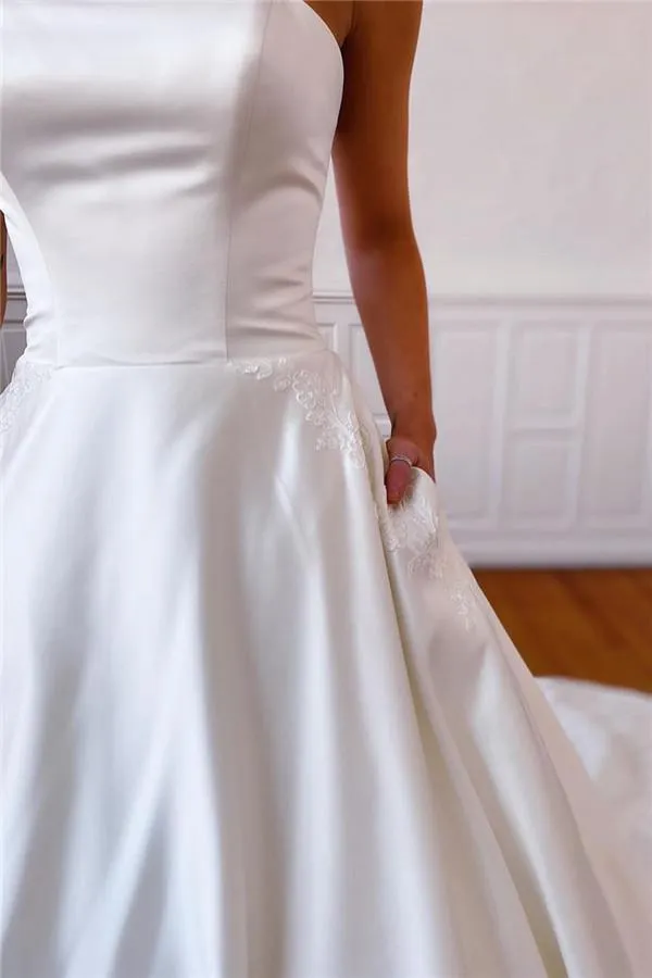 A-Line Strapless Satin Sweep Train Lace Appliques Wedding Dresses With Pockets sold by KissProm product image thumbnail 3