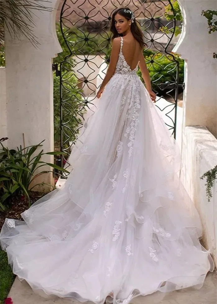 A-Line Lace White Sweep Train Sleeveless Backless Wedding Dress sold by KissProm product image thumbnail 2