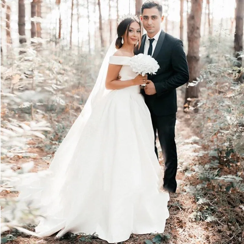 A-Line Satin Sweep Train White Wedding Dress with Sleeveless sold by KissProm product image thumbnail 3