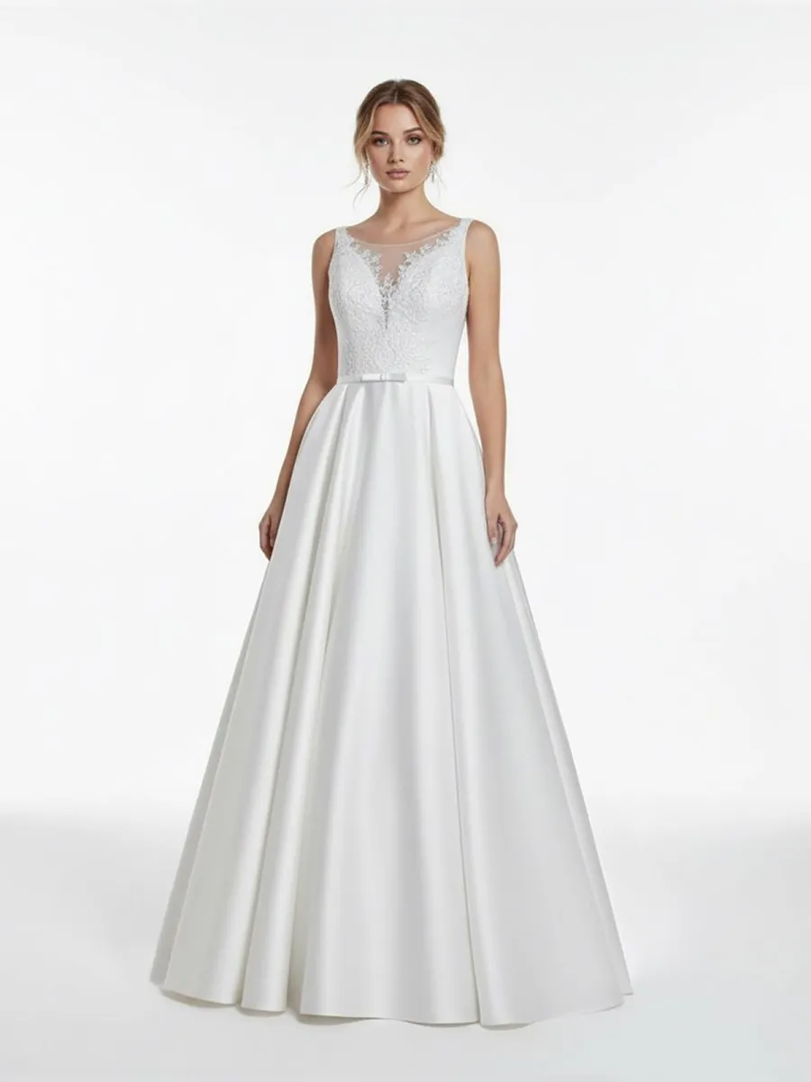 A-Line Illusion Neck Sleeveless Floor-Length Satin Wedding Dress With Pleats sold by KissProm product image thumbnail 3