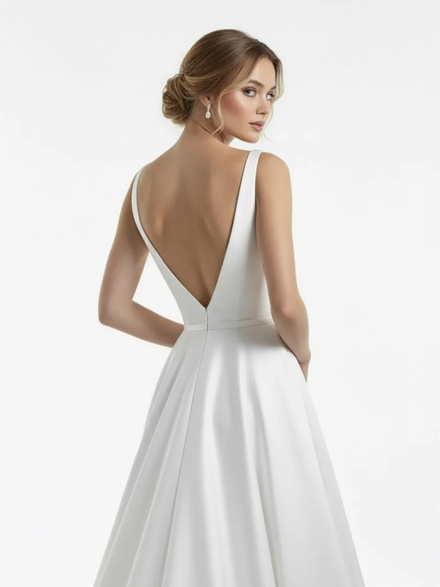 A-Line Illusion Neck Sleeveless Floor-Length Satin Wedding Dress With Pleats sold by KissProm product image thumbnail 5
