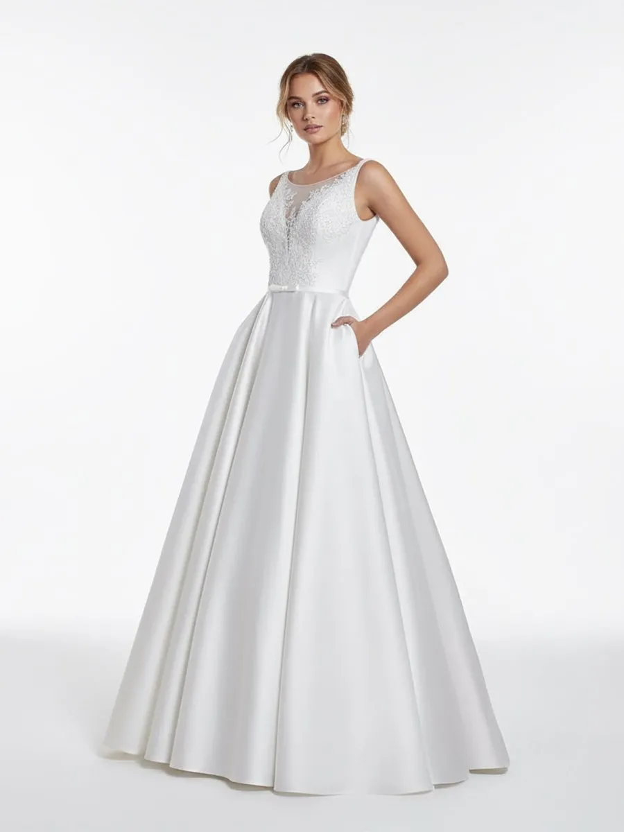 A-Line Illusion Neck Sleeveless Floor-Length Satin Wedding Dress With Pleats sold by KissProm