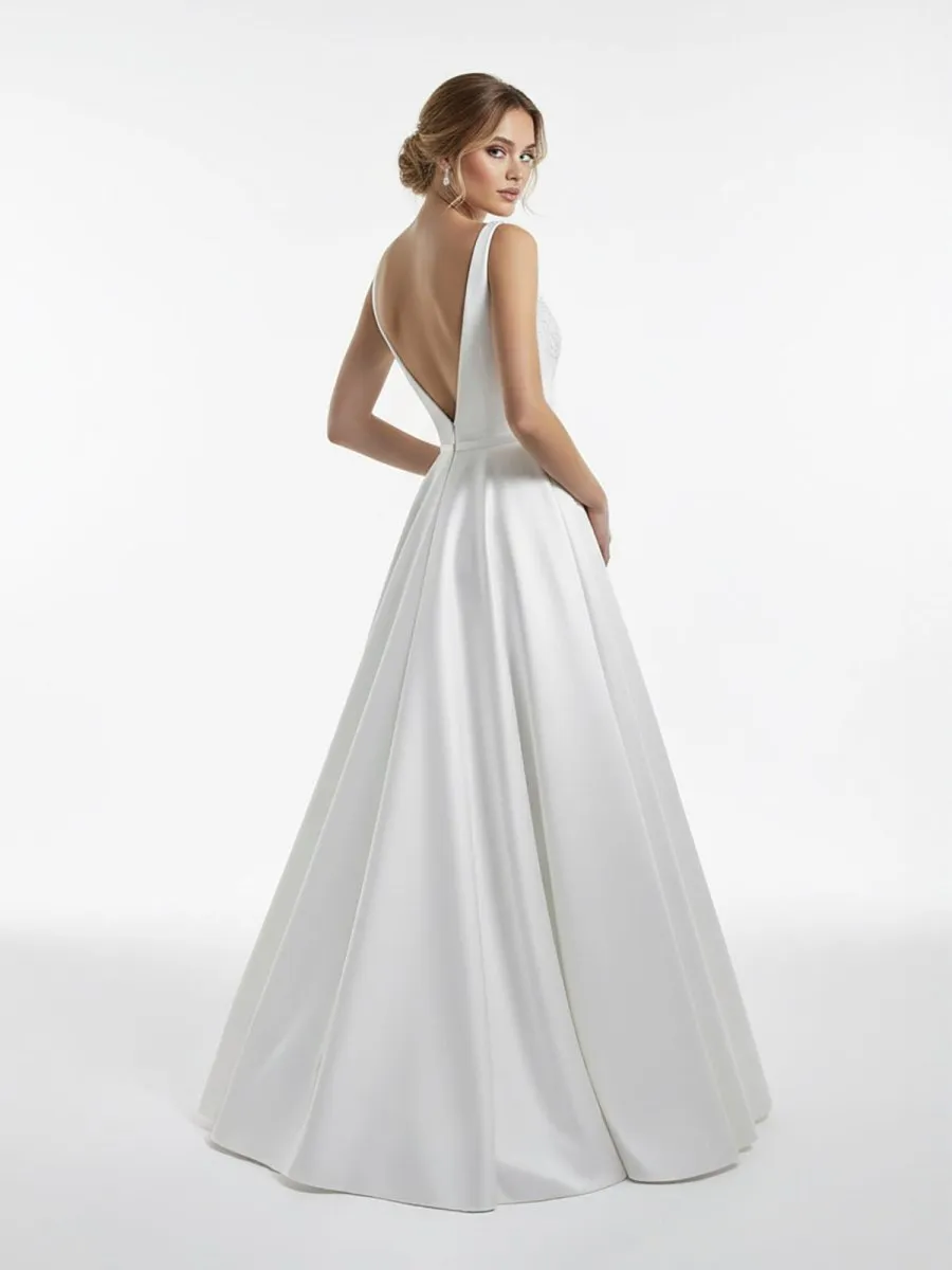 A-Line Illusion Neck Sleeveless Floor-Length Satin Wedding Dress With Pleats sold by KissProm product image thumbnail 2
