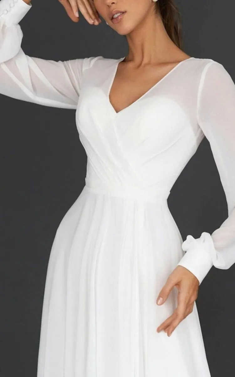 A-Line V-neck Chiffon Long Sleeves Zipper Wedding Dress sold by KissProm product image thumbnail 3