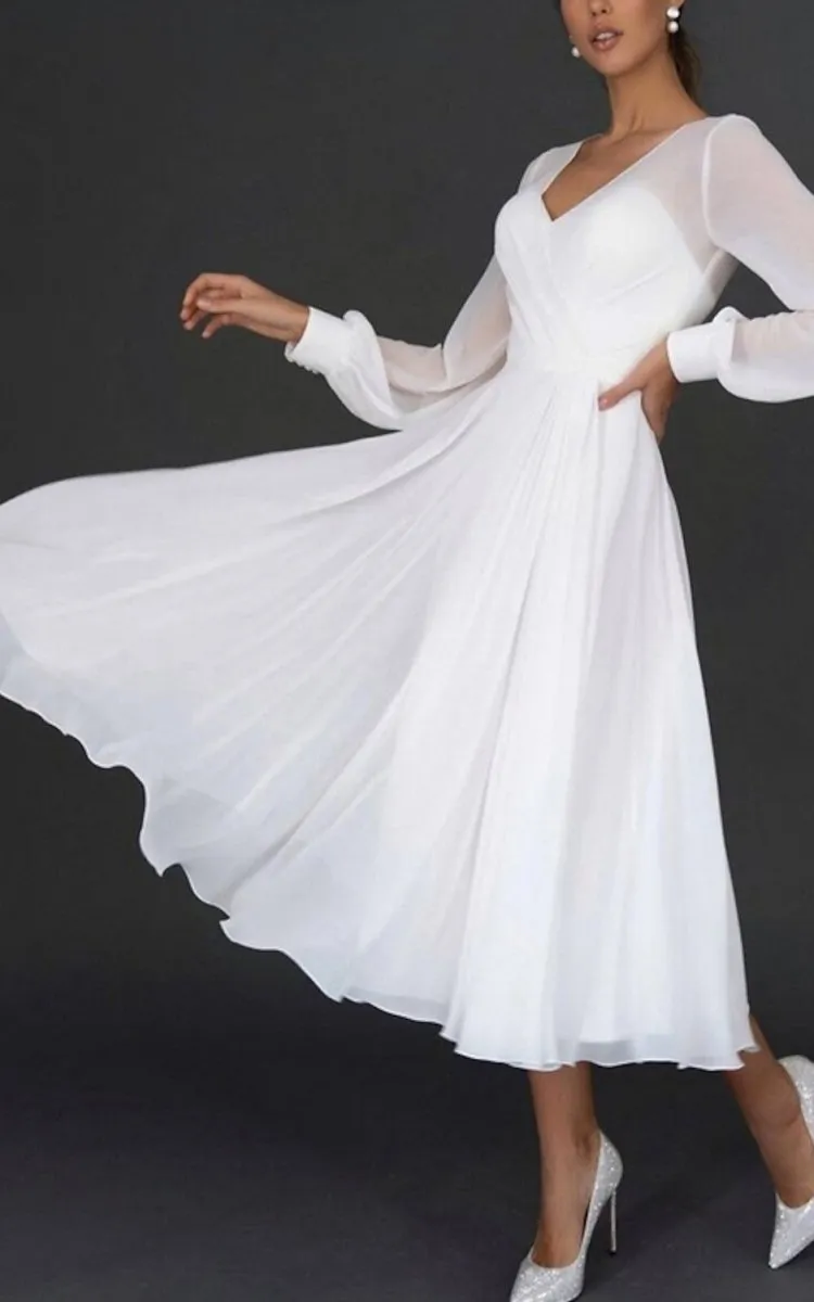 A-Line V-neck Chiffon Long Sleeves Zipper Wedding Dress sold by KissProm