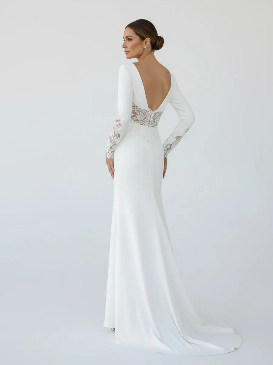 Casual V-neck mermaid Sweep Train Long Sleeve Wedding Dress With Slit sold by KissProm product image thumbnail 2