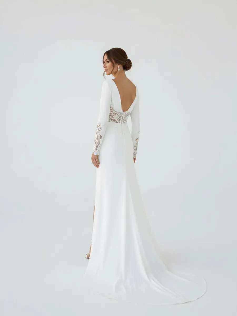 Casual V-neck mermaid Sweep Train Long Sleeve Wedding Dress With Slit sold by KissProm product image thumbnail 3