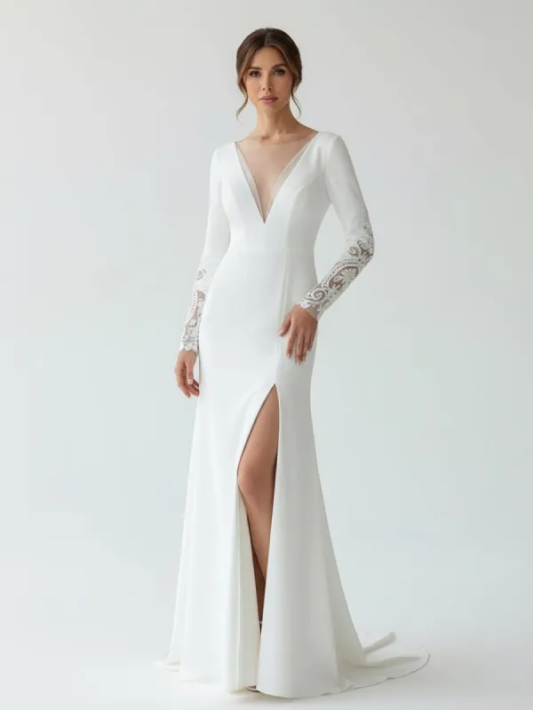 Casual V-neck mermaid Sweep Train Long Sleeve Wedding Dress With Slit made by KissProm