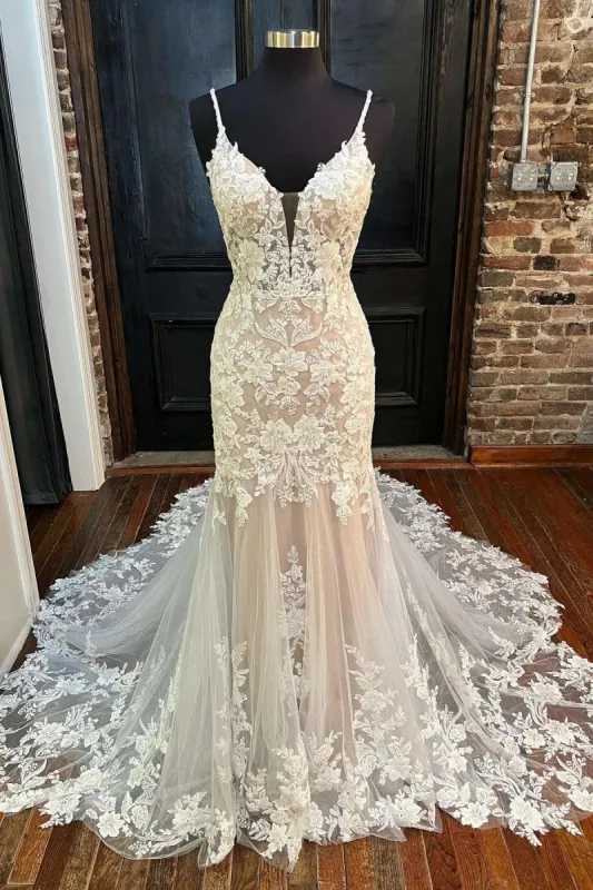 Off White Appliques Backless Mermaid Long Wedding Dress made by KissProm