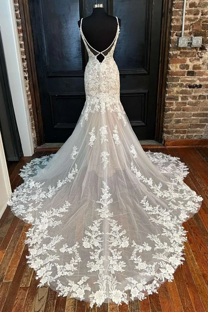 Off White Appliques Backless Mermaid Long Wedding Dress sold by KissProm product image thumbnail 2