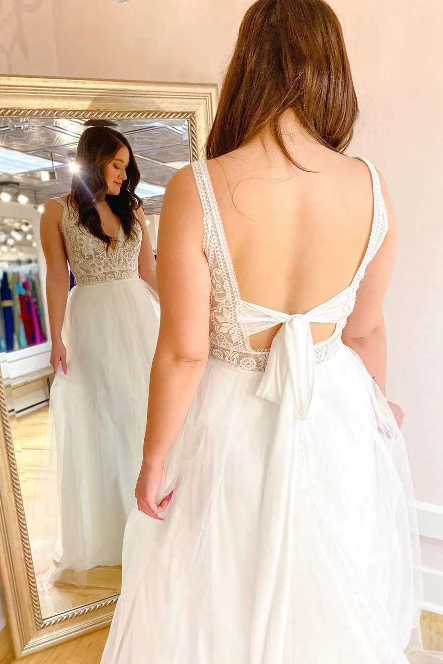 White Lace V-Neck Backless A-Line Tulle Wedding Dress sold by KissProm product image thumbnail 3