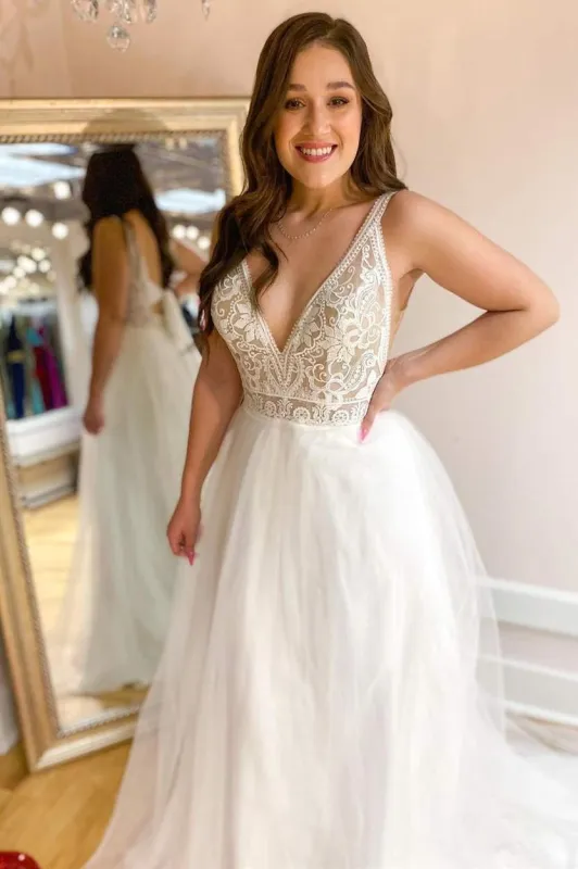White Lace V-Neck Backless A-Line Tulle Wedding Dress made by KissProm