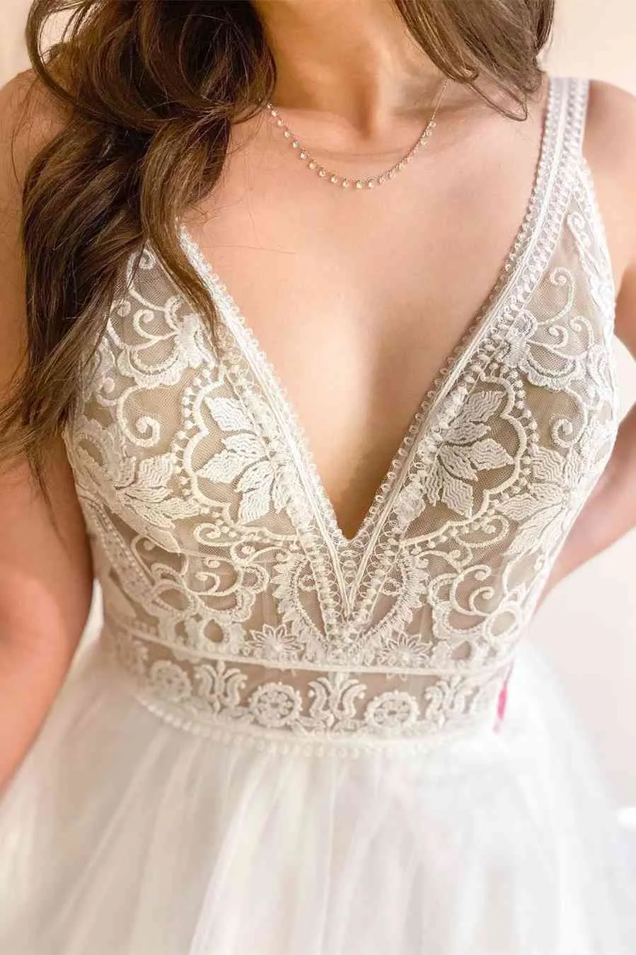 White Lace V-Neck Backless A-Line Tulle Wedding Dress sold by KissProm product image thumbnail 2