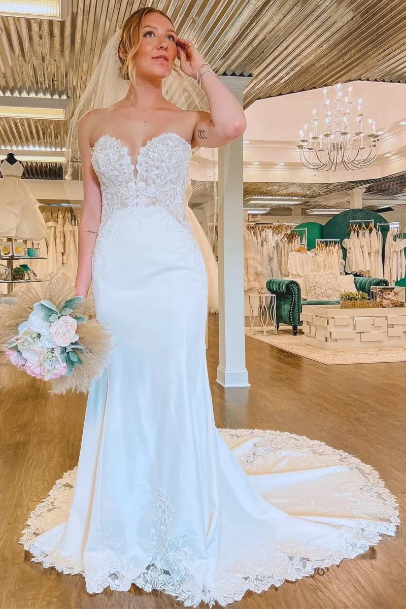 White Lace Strapless Mermaid Long Wedding Dress sold by KissProm
