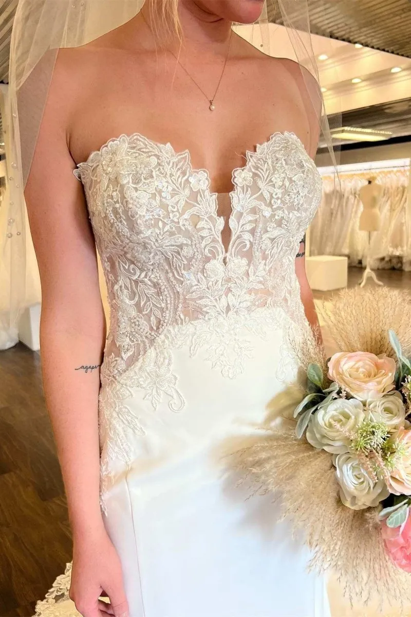 White Lace Strapless Mermaid Long Wedding Dress sold by KissProm product image thumbnail 2
