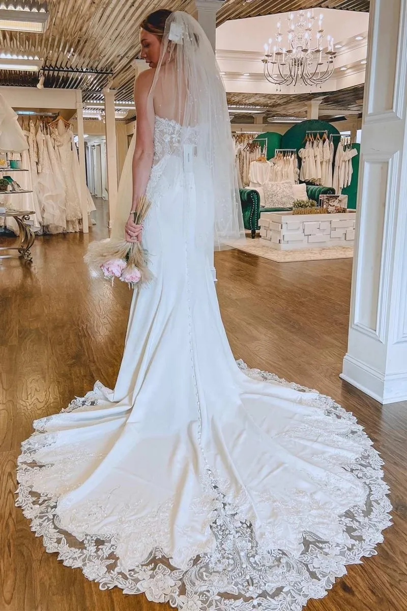 White Lace Strapless Mermaid Long Wedding Dress sold by KissProm product image thumbnail 3