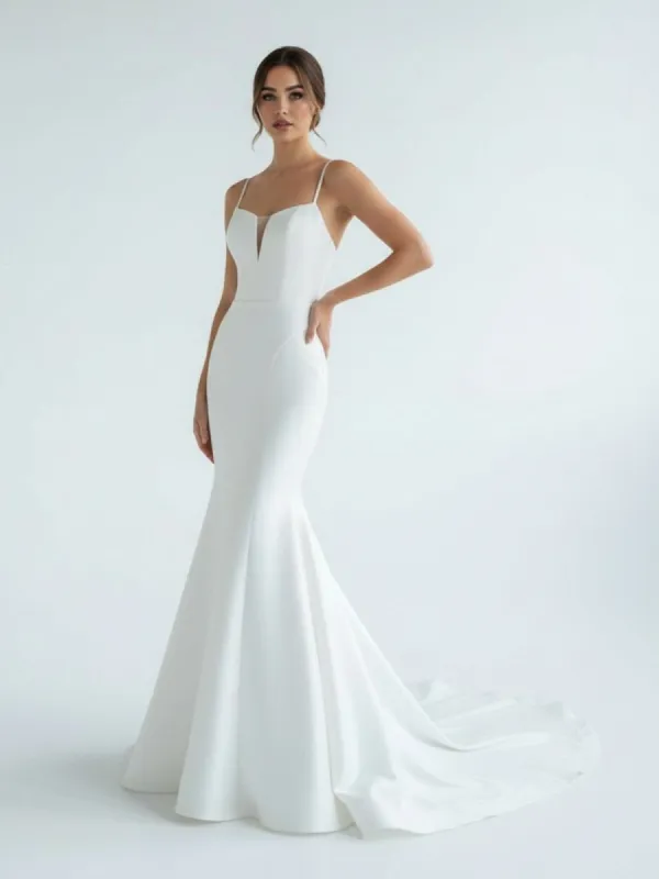 Mermaid White Spaghetti Straps Long Lace Wedding Dress made by KissProm