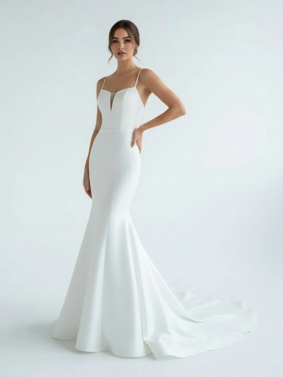 Mermaid White Spaghetti Straps Long Lace Wedding Dress sold by KissProm